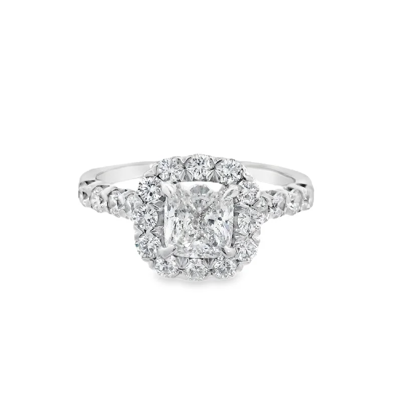 Affordable engagement rings for first-time buyers-14K White Cushion Diamond 1.01Ct Halo Engagement Ring