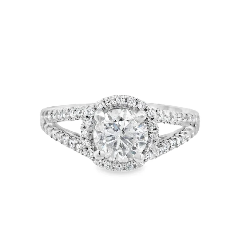 Designer engagement rings for women-18K White Round Diamond 0.90Ct Halo Engagement Ring