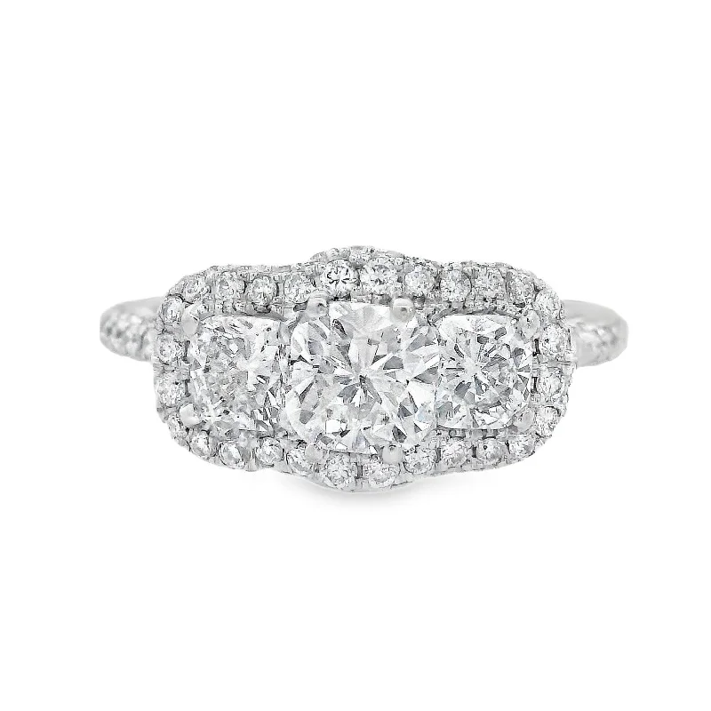 Engagement rings with classic diamond styles-14K White Cushion Diamond 2.00Ct 3 Stone Engagement Ring