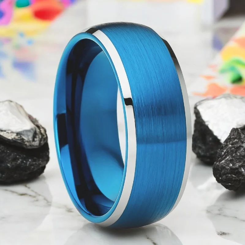 Mixed metal ladies rings-FROSTWANE | Blue Tungsten Ring, Brushed, Silver Beveled Edges, Domed