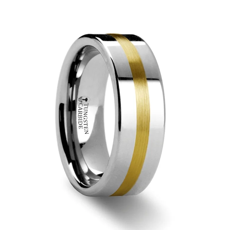 Custom design ladies rings-Flat Tungsten Men's Wedding Band with Gold Inlay