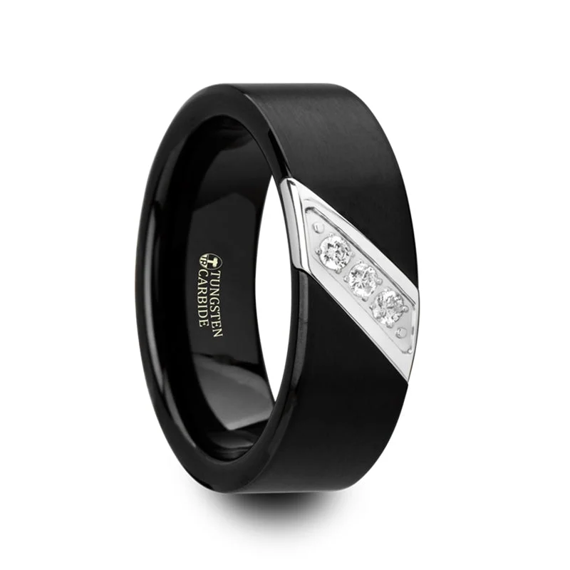 Luxurious engagement rings with large diamonds-Black Tungsten Wedding Band with Triple Diagonal Diamonds