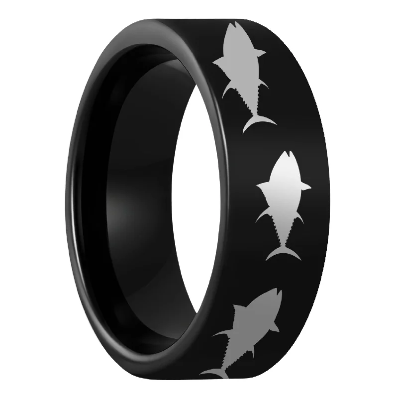 Ladies rings with sapphires-Yellowfin Tuna Fish Black Tungsten Men's Wedding Band