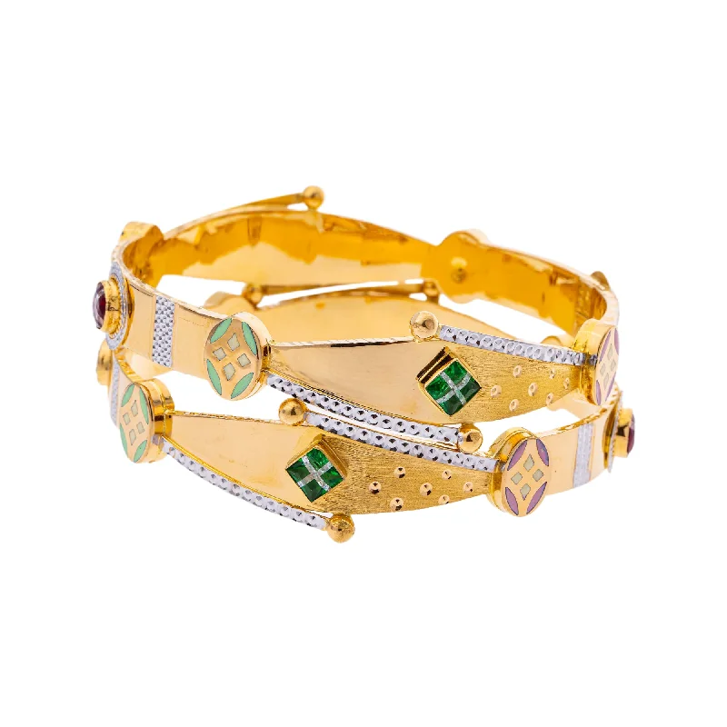 Wedding bangle bracelets for brides-22K Yellow Gold, CZ, Ruby, & Emerald Bangle Set of 2 in Size 2.6 (44.6gm)