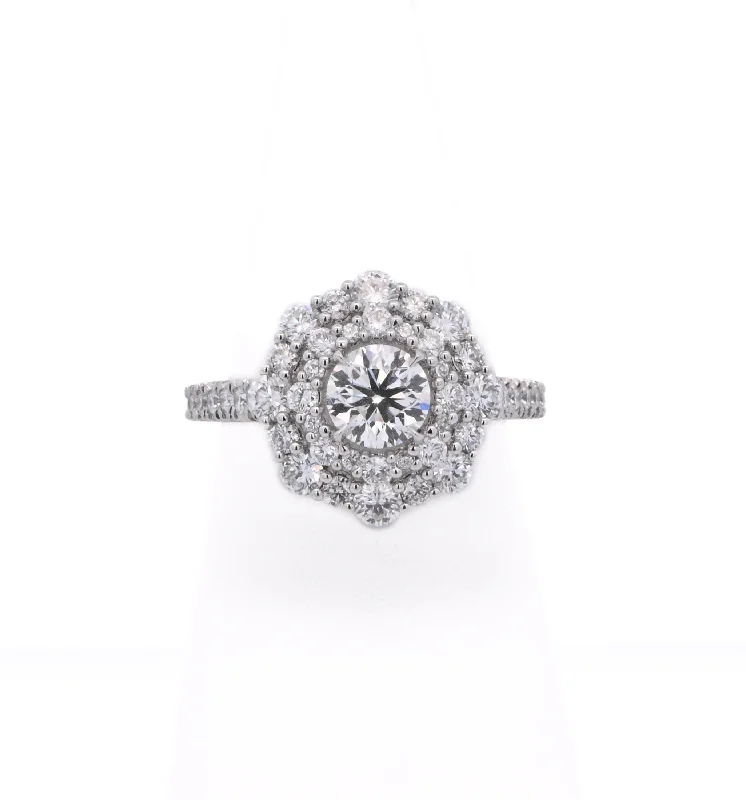 Custom engagement rings with diamonds-Platinum White Round Diamond 0.70Ct Double Halo Engagement Ring