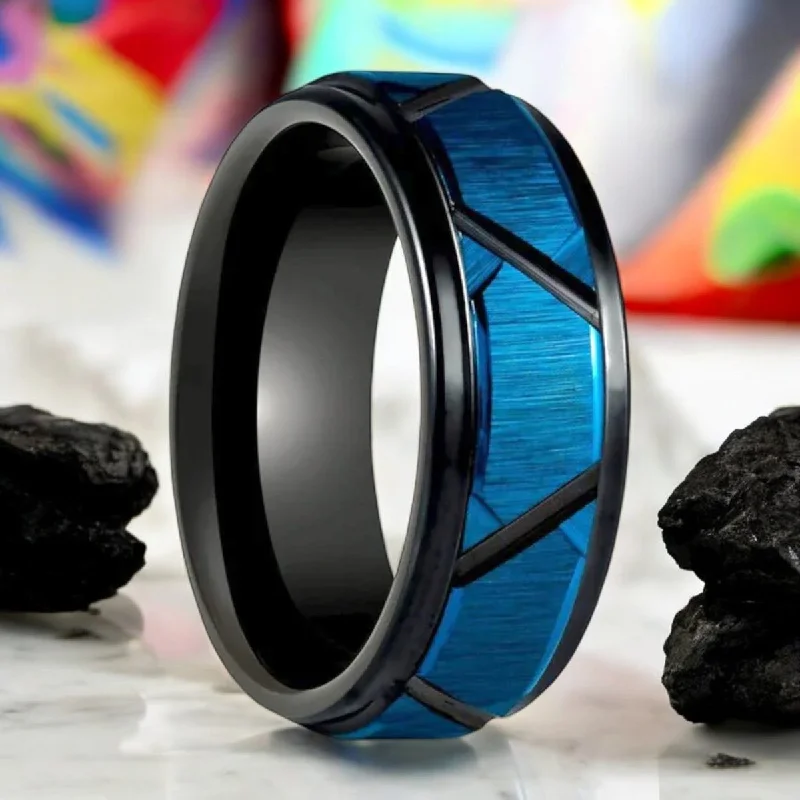 Elegant rings for ladies-OBSCURA | Black Tungsten Ring, Blue and Black Trapezoids Design, Stepped Edge