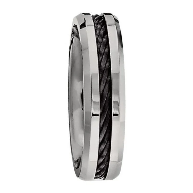 Affordable ladies rings online-Black Cable Inlaid Titanium Men's Wedding Band