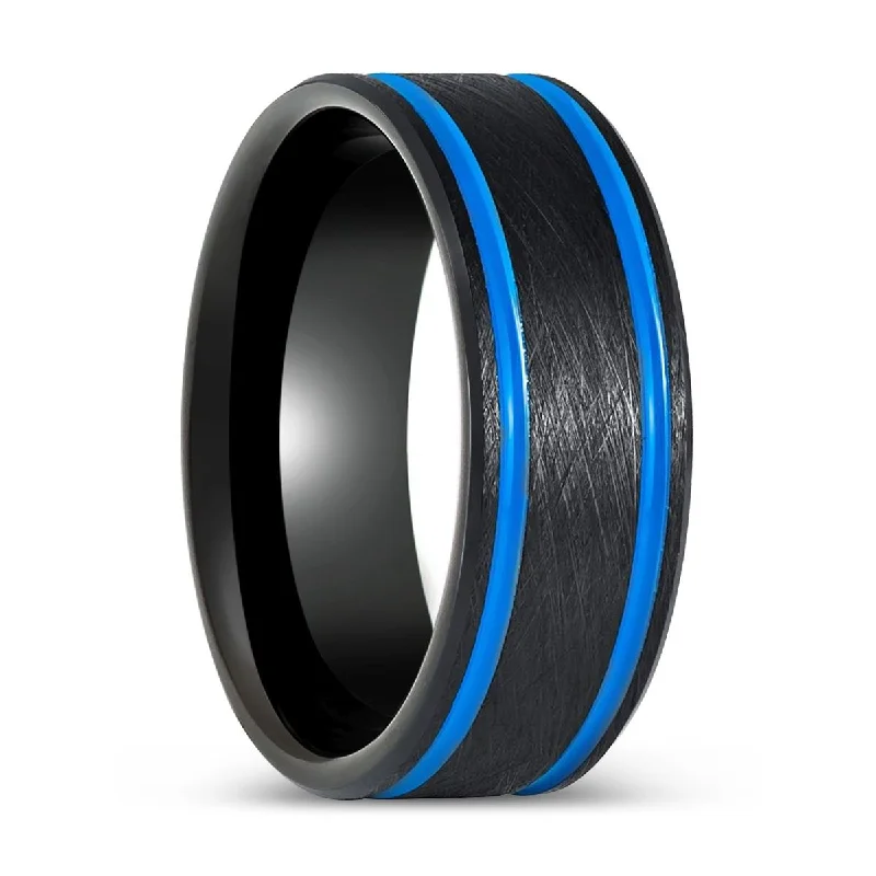 Large stone ladies rings for women-CASTOR | Black Tungsten Ring Blue Off Center Grooves