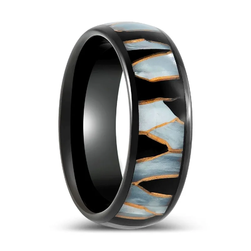 Unique ladies rings with diamonds-ELITIS | Black Tungsten Ring with Capiz, Black Resin