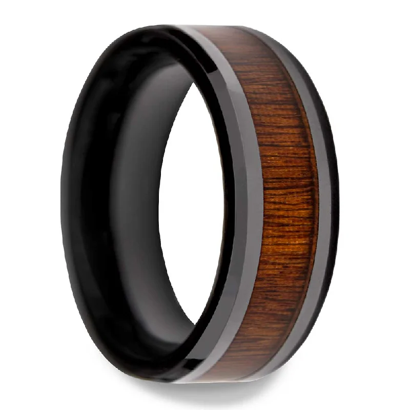 Unique wedding band rings for women-Black Ceramic Men's Wedding Band with Rosewood Inlay