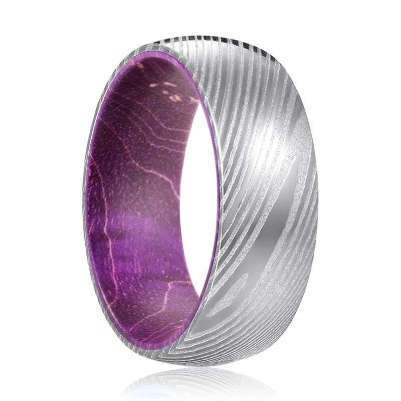 Colored gemstone ladies rings-OSTRUM | Purple Wood, Silver Damascus Steel, Domed