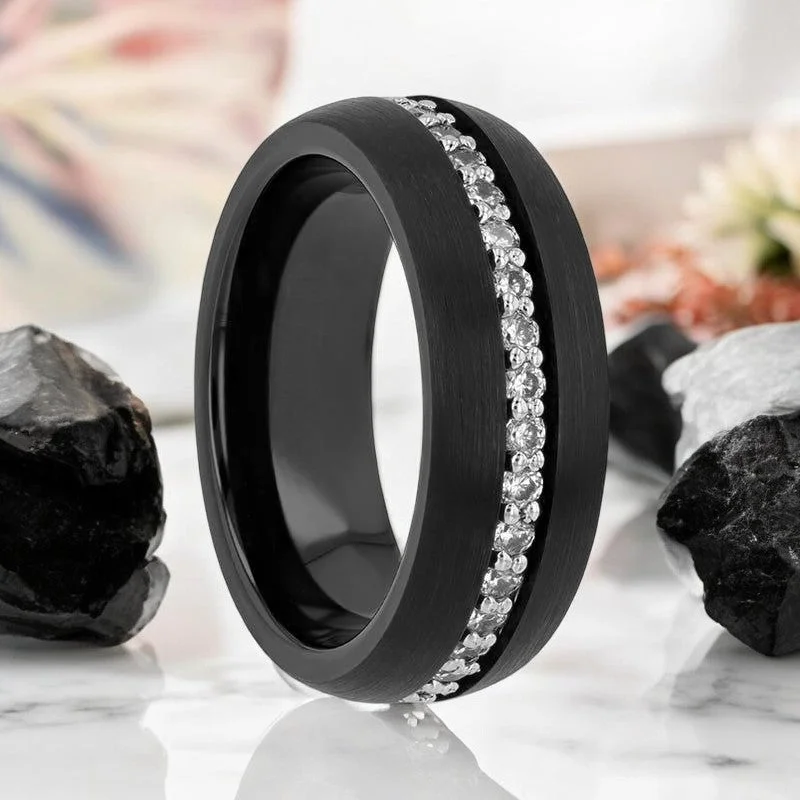 Custom design ladies rings-TSAR | Black Tungsten Ring, White Sapphires, Domed