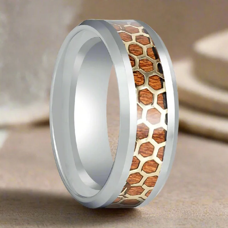 Affordable ladies rings online-BUZZARD | Silver Tungsten Ring, Honeycomb, Rosewood Inlay, Beveled Edge