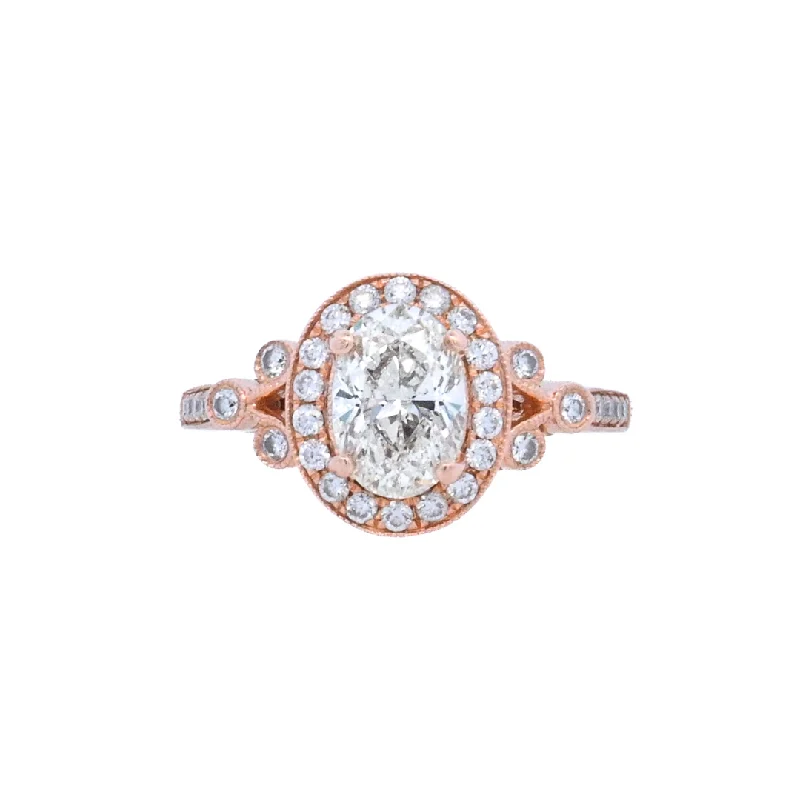 Engagement rings with pear-shaped diamonds-14K Rose Oval Diamond 1.25Ct Halo Engagement Ring