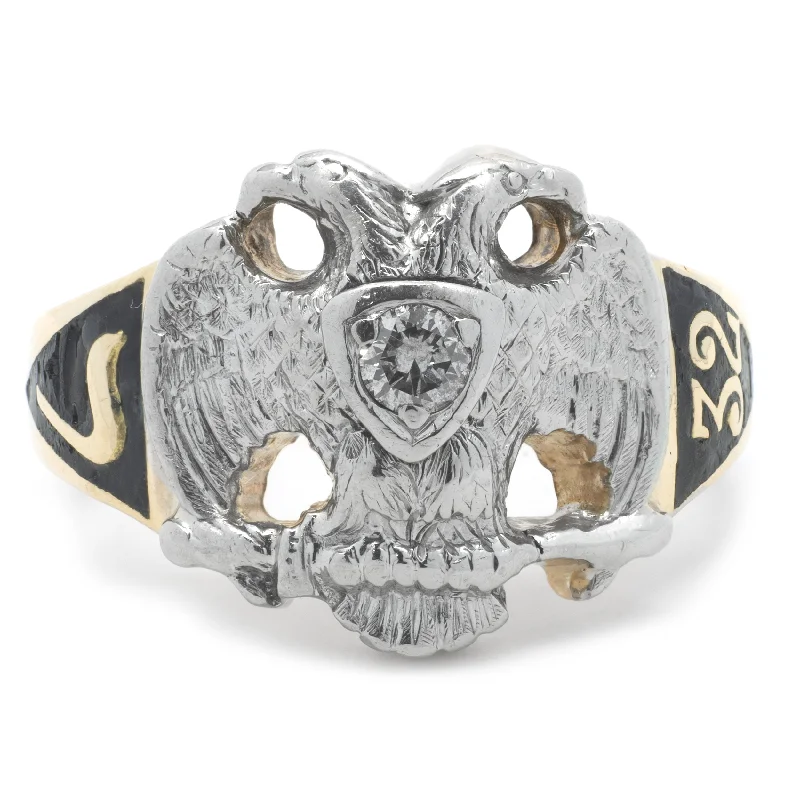 Modern engagement rings with asymmetrical design-14 Karat Two Tone Vintage 1932 Diamond Masonic Ring