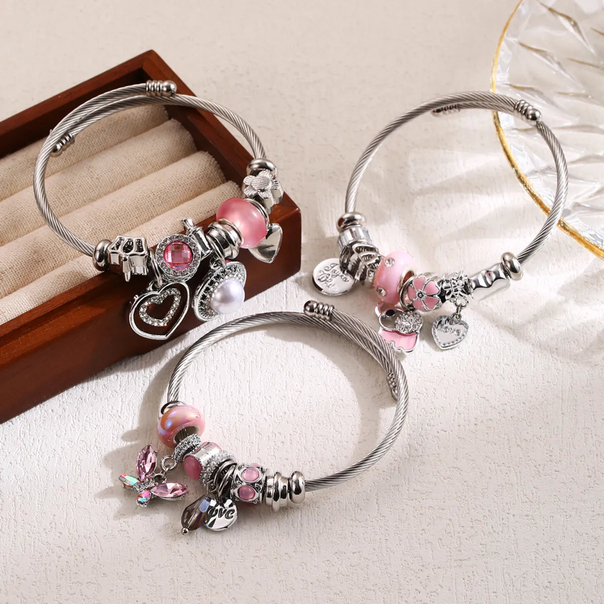 Sparkling diamond bracelets for women-Elegant Cute Heart Shape Butterfly Elephant Stainless Steel Alloy Beaded Inlay Artificial Pearls Rhinestones Bangle