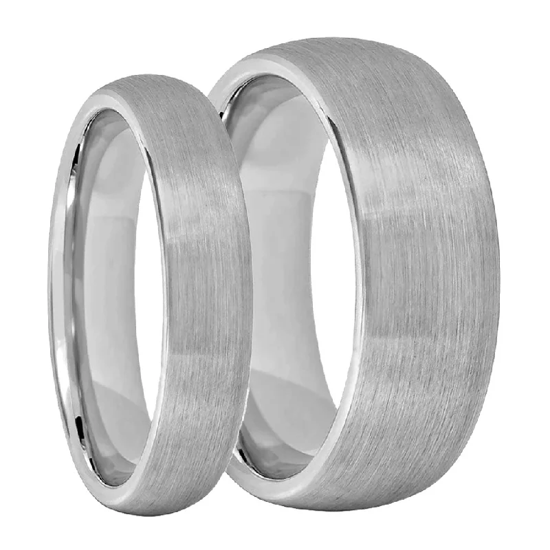 Large stone ladies rings for women-Domed Brushed Tungsten Couple's Matching Wedding Band Set