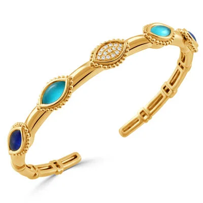 Beautifully crafted ladies bangles-18K Yellow Gold Diamond, Lapis and Turquoise Bangle