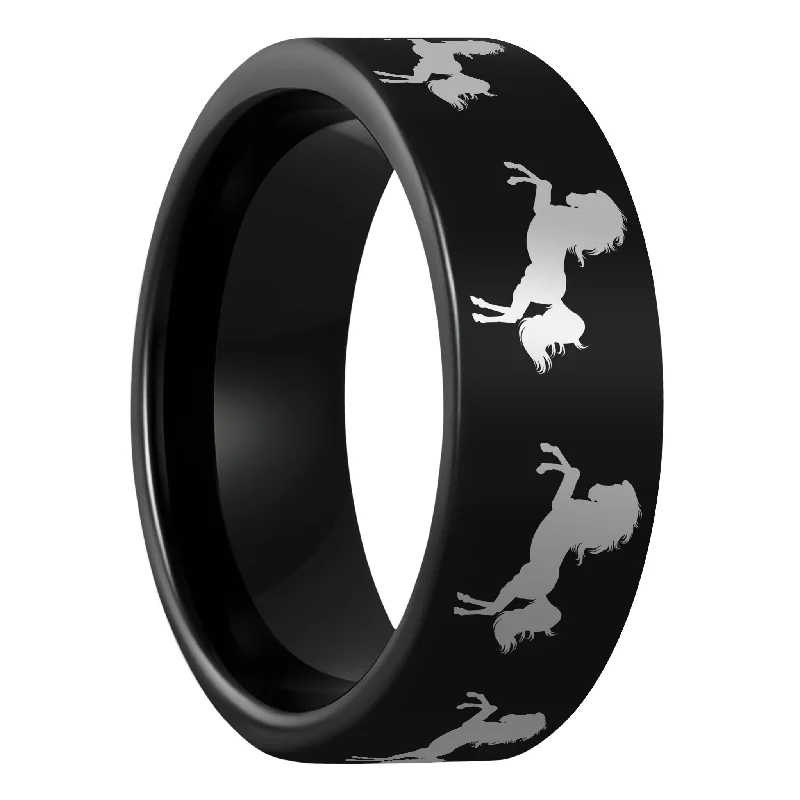 Unique ladies rings with diamonds-Rearing Horse Black Tungsten Men's Wedding Band