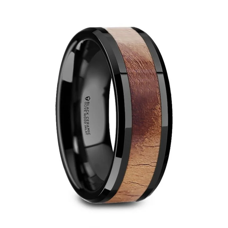 Stylish silver ladies rings-MARCUS | Black Ceramic Ring, Olive Wood Inlay, Beveled