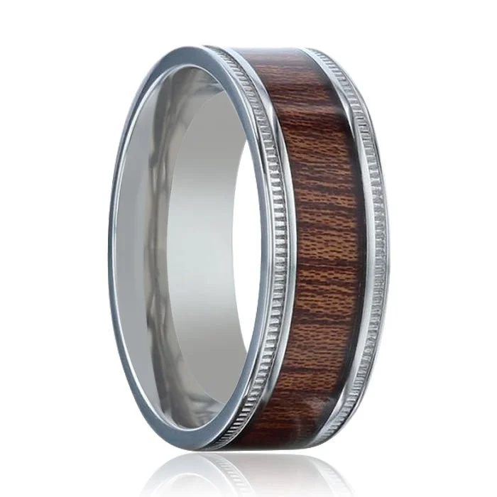 Precious stone ladies rings-MOCHA | Silver Titanium Ring, Koa Wood Inlay, Flat