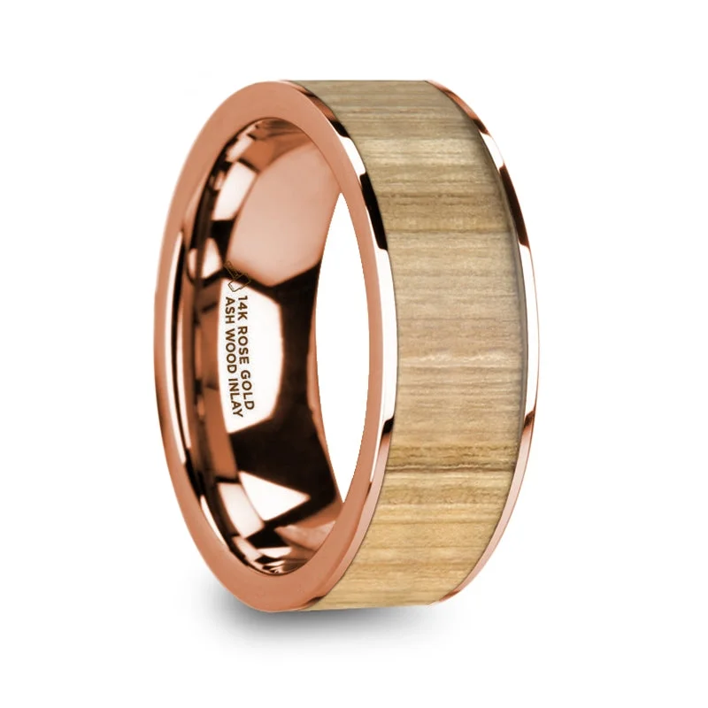 Ladies rings with black gemstones-Ash Wood Inlay 14k Rose Gold Men's Wedding Band