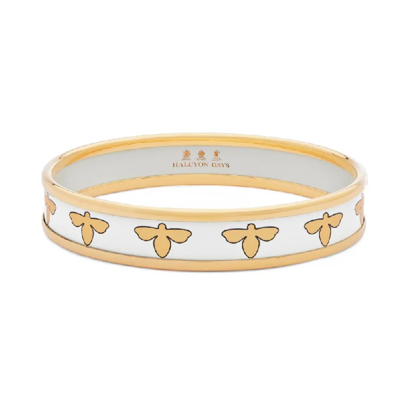 Gold-plated bracelets for ladies-Halcyon Days 1cm Bee Cream & Gold Enamel Bangle