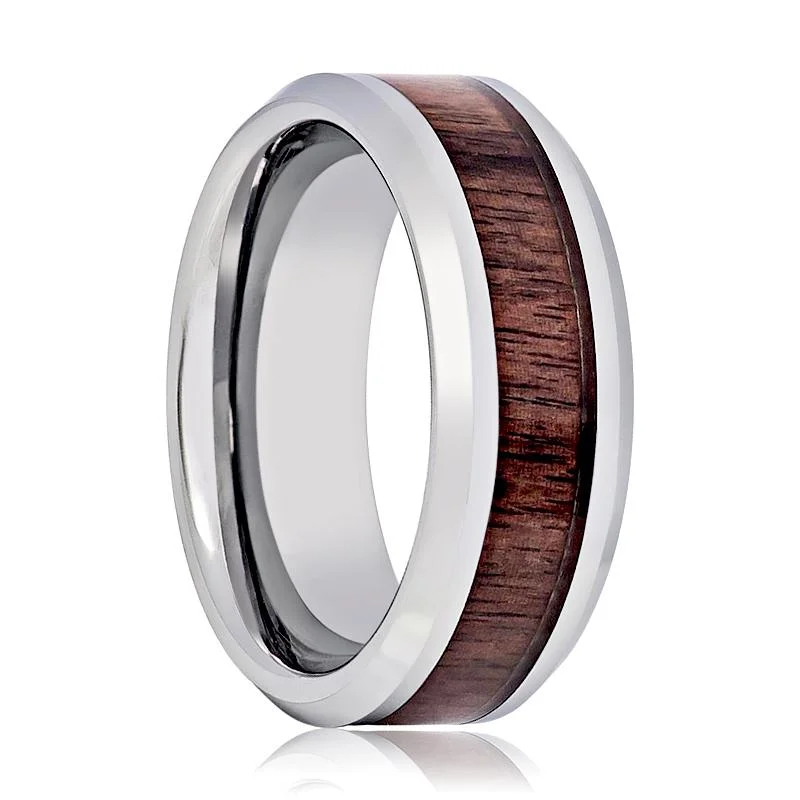 Colored gemstone ladies rings-BRUTUS | Silver Tungsten Ring, Mahogany Wood Inlay, Beveled