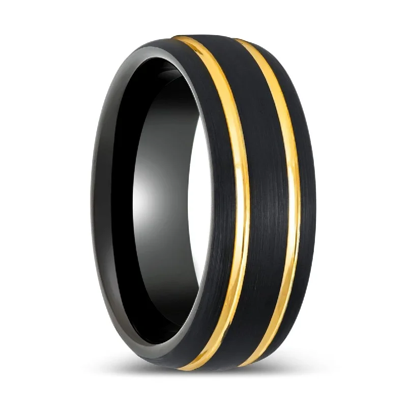 Stylish silver ladies rings-CALLISTO | Black Tungsten Ring Two Yellow Grooves