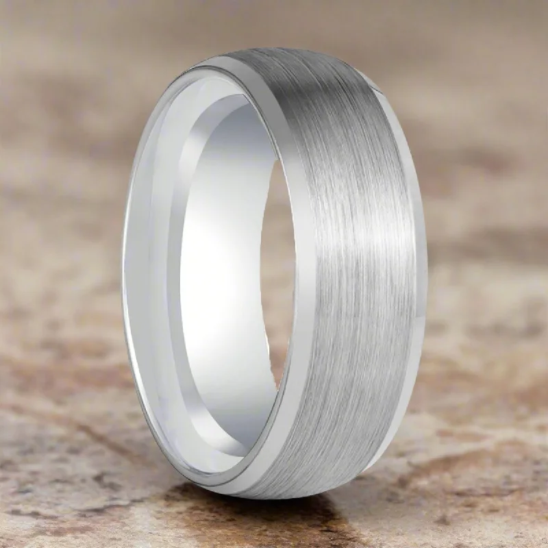 Unique gemstone ladies rings-DOMESCAPE | Silver Tungsten Ring, Brushed, Domed, Beveled