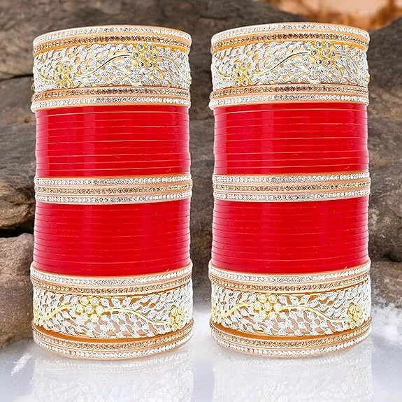 Ladies silver bangles with charms-Tehzeeb Creations Bridal Bangle Set Red Designer AD & Golden Stone Dulhan Chuda Fashion Wedding Chura Punjabi Choora For Women