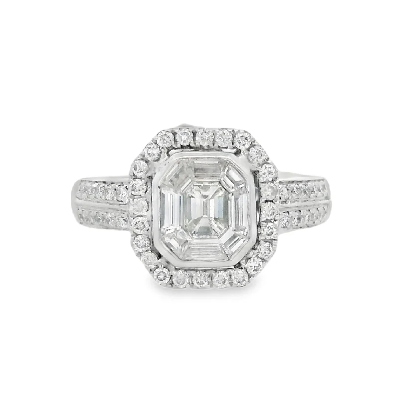 Custom engagement rings with gemstone center-14K White Baguette Diamond Geometric Engagement Ring