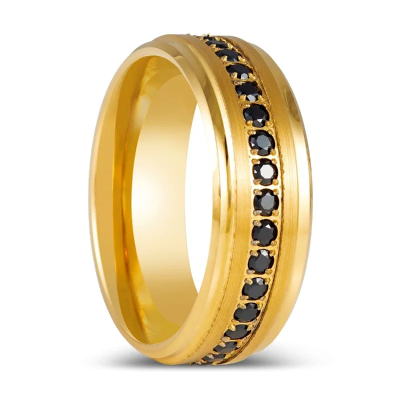 Classic wedding rings for ladies-EBONYGLITZ | Yellow Gold Ring, Black CZ Ring, Stepped Edge