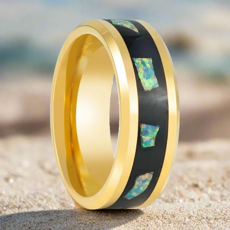 Statement rings for bold women-AURAFLECT | Yellow Tungsten Ring, Abalone Fragments Inlay