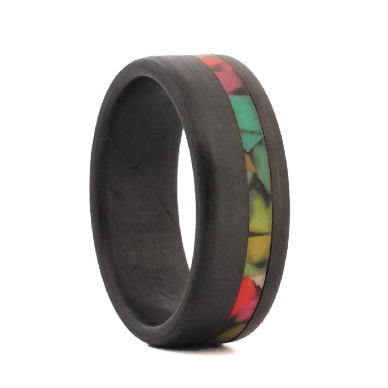 Unique rose gold ladies rings-Rainbow Grooved Glow-in-the-Dark Carbon Fiber Men's Wedding Band