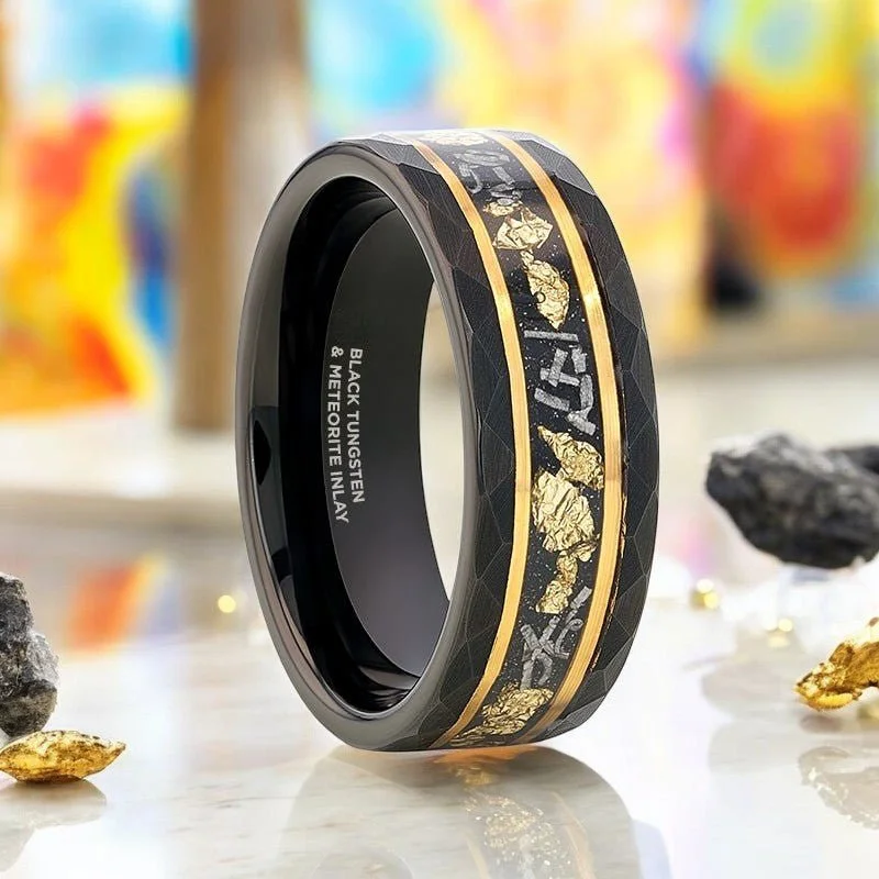 Black diamond ladies rings-INFINIA | Black Tungsten Ring, Hammered, Gold Flakes, Meteorite Inlay