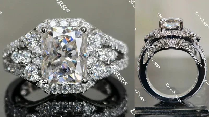 Sparkling halo engagement rings with diamonds-The Janet art deco radiant moissanite engagement ring