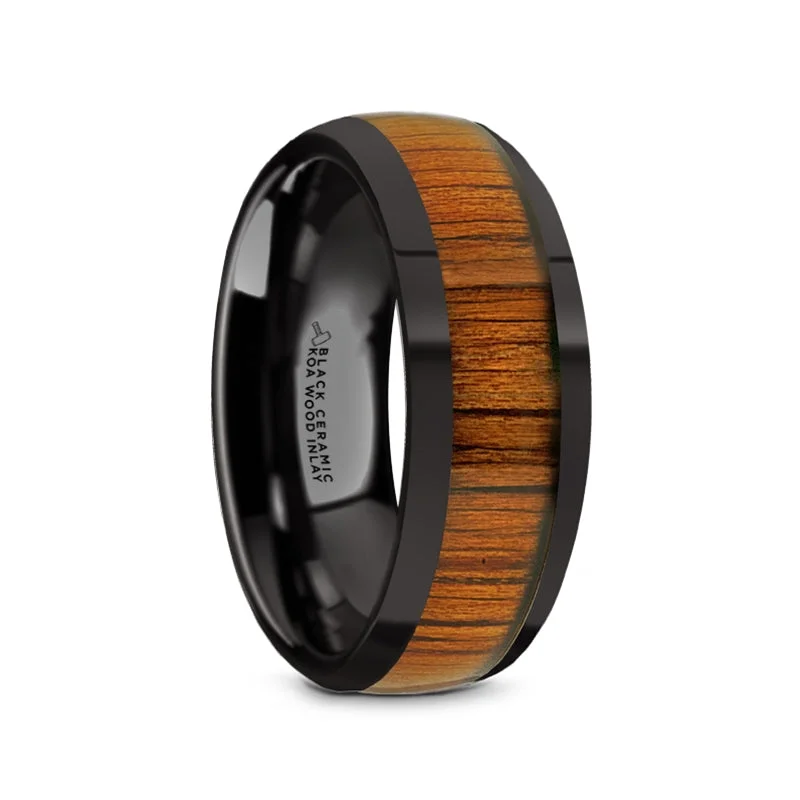 Modern ladies rings with sapphires-Koa Wood Inlay Black Ceramic Men's Wedding Band