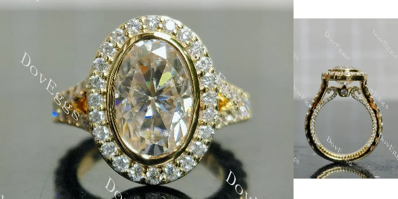 Affordable engagement rings for small budgets-Doveggs oval bezel halo split shanks 3/4 eternity moissanite engagement ring