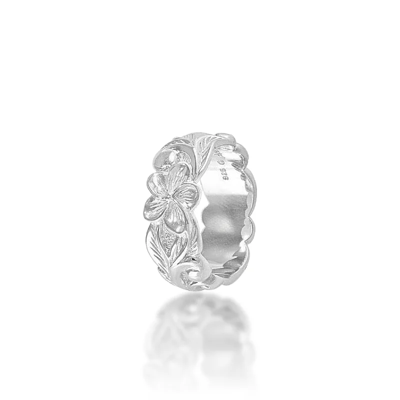 Trendy ladies rings with stones-Hawaiian Heirloom Plumeria Ring in Sterling Silver - 8mm