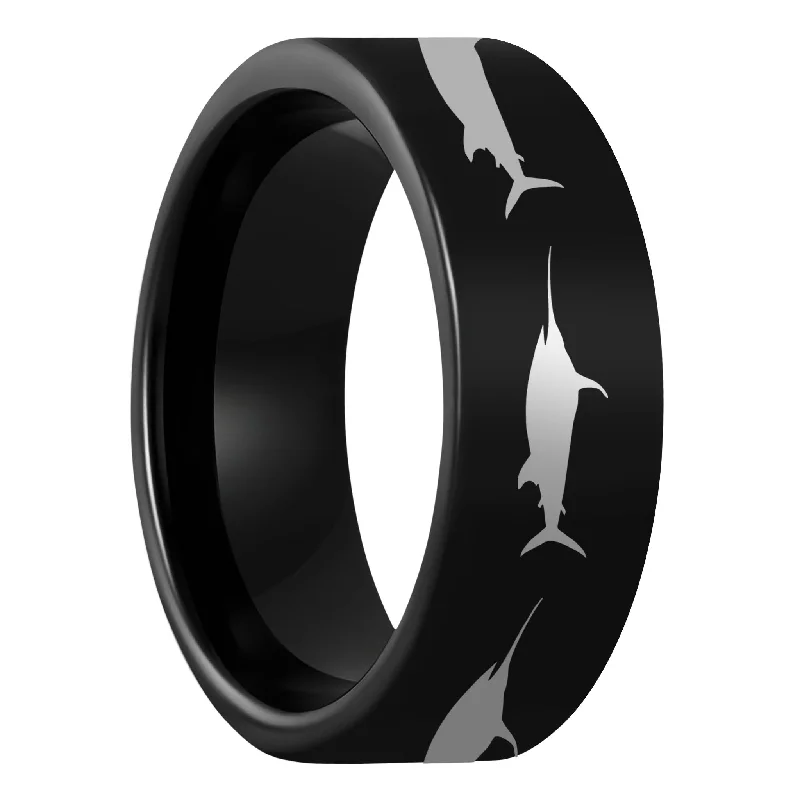 Colorful ladies rings for fashion-Swordfish Black Tungsten Men's Wedding Band