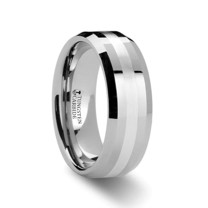 Unique wedding rings for women-Tungsten Men's Wedding Band with Silver Inlay