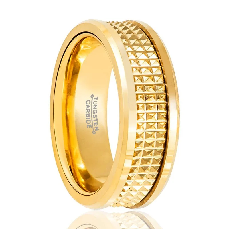 Ladies rings with black gemstones-CAESAR | Tungsten Ring Yellow Gold with Jagged Center