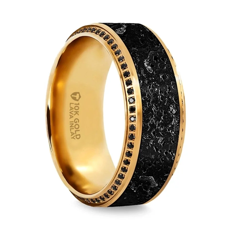 Engagement rings with pear-shaped diamonds-10k Yellow Gold Men's Wedding Band with Lava Rock Inlay & Black Diamonds