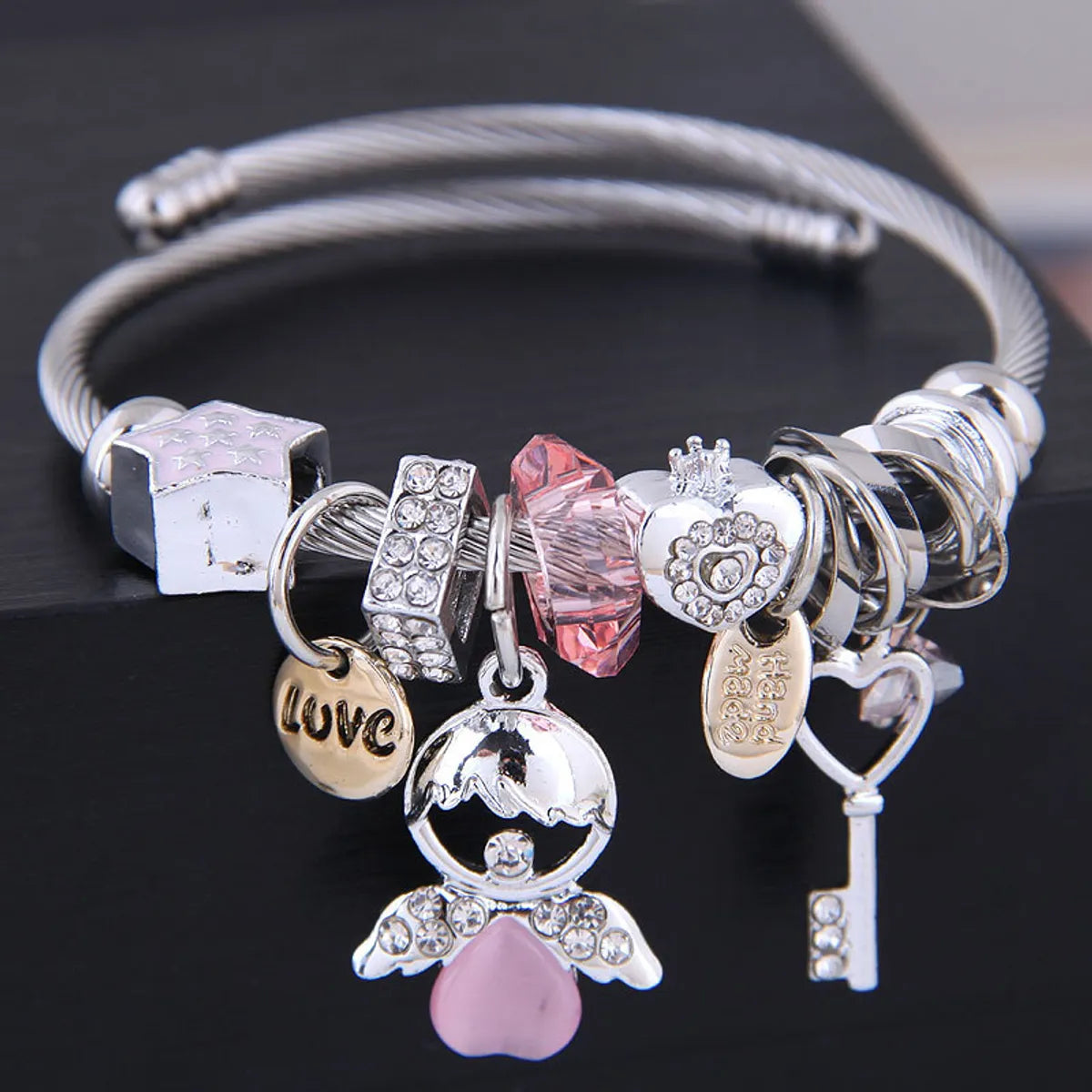 Colorful bangles for fashion-Elegant Streetwear Pentagram Heart Shape Key Stainless Steel Inlay Zircon Bangle