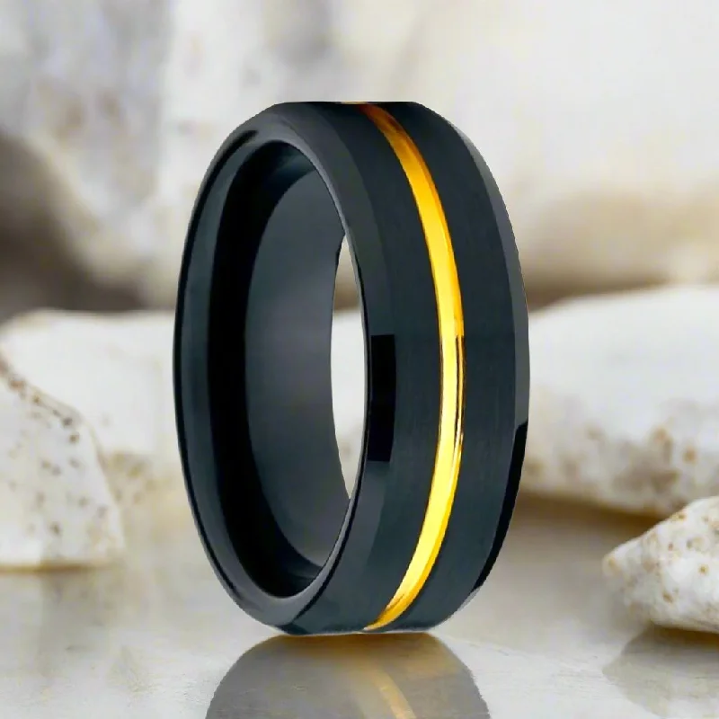 Elegant platinum ladies rings-BAIR | Black Tungsten Ring, Gold Groove, Beveled