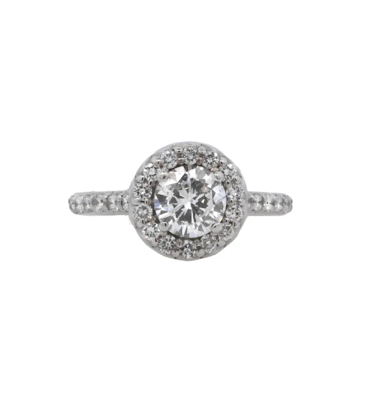 Engagement rings with fancy cut diamonds-14K White Round Diamond 0.92Ct Halo Engagement Ring