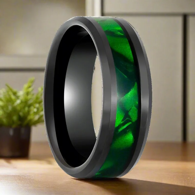 Ladies rings with opals-SABRE | Black Tungsten Ring, Green Mother of Pearl Inlay, Beveled