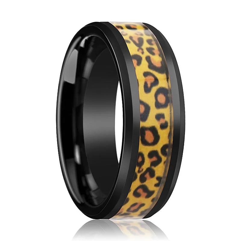 Double band ladies rings-NAMIBIA | Black Ceramic Ring, Cheetah Animal Print Inlay, Beveled